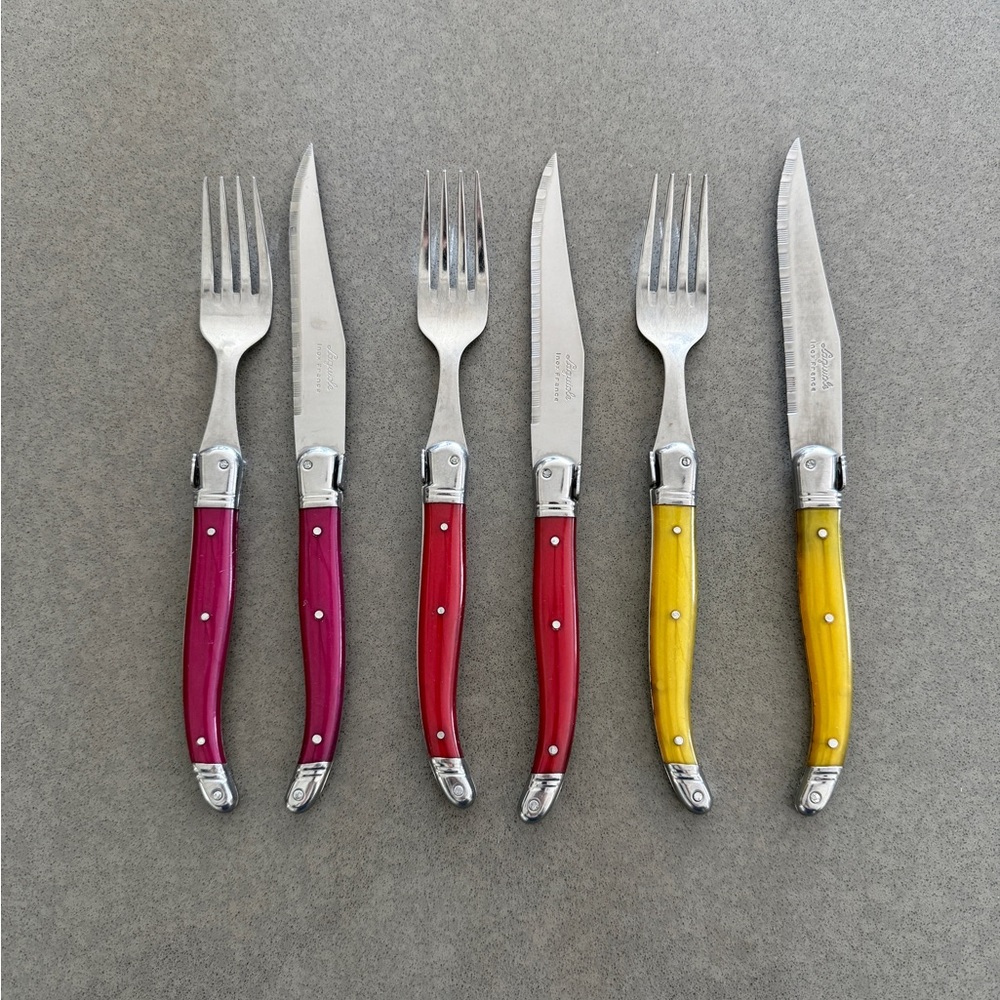 Laguiole Colorful Resin Handle Steak Knife and Fork Set - Pink, Red, Yellow